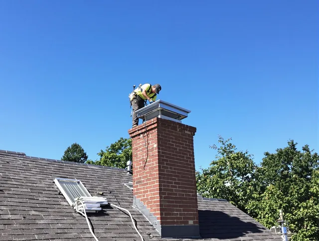 Granby Chimney Sweep technician measuring a chimney cap in Granby, CT