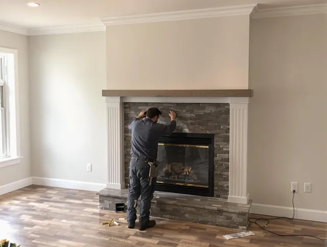 Granby Chimney Sweep finishing a custom fireplace install in Granby, CT